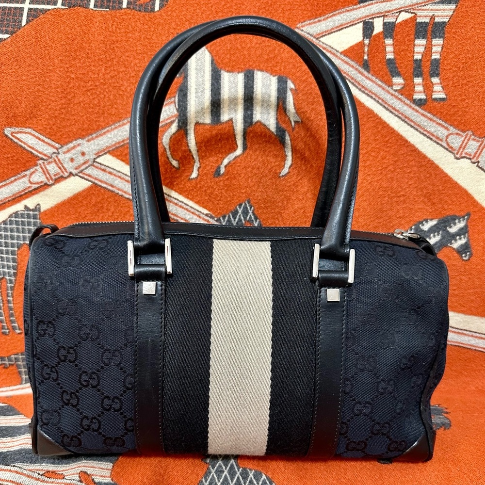 Gucci Black Canvas Barrel Bag with Cream Center Stripe